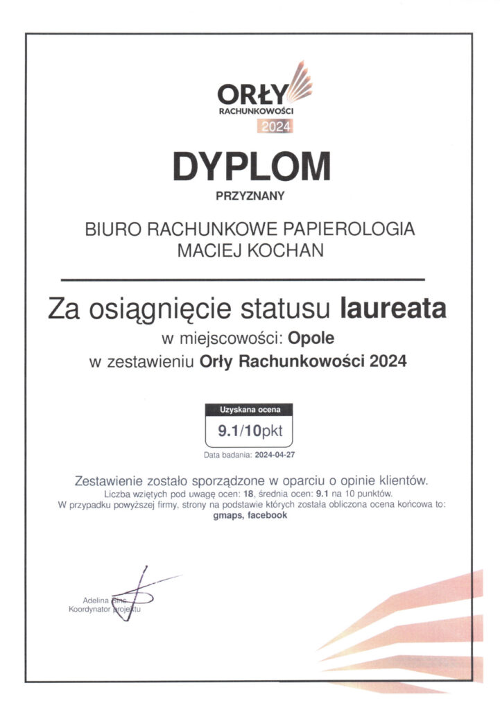 Dyplom Laureat Orly Rachunkowosci 2024 Opole MK Dyplom Laureat Orly Rachunkowosci 2024 Opole MK